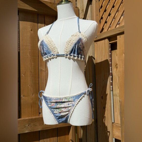 🆕 ZIMMERMANN 🧿 NWT Cascadian Crochet Tri Bikini, Blue Botanical - Sz 3 US6/8 - Picture 3 of 16